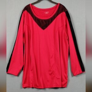 Catherines Womens Top 2X 22/24 W Long Sleeve Stretch Sport Mesh Detail Pink Red